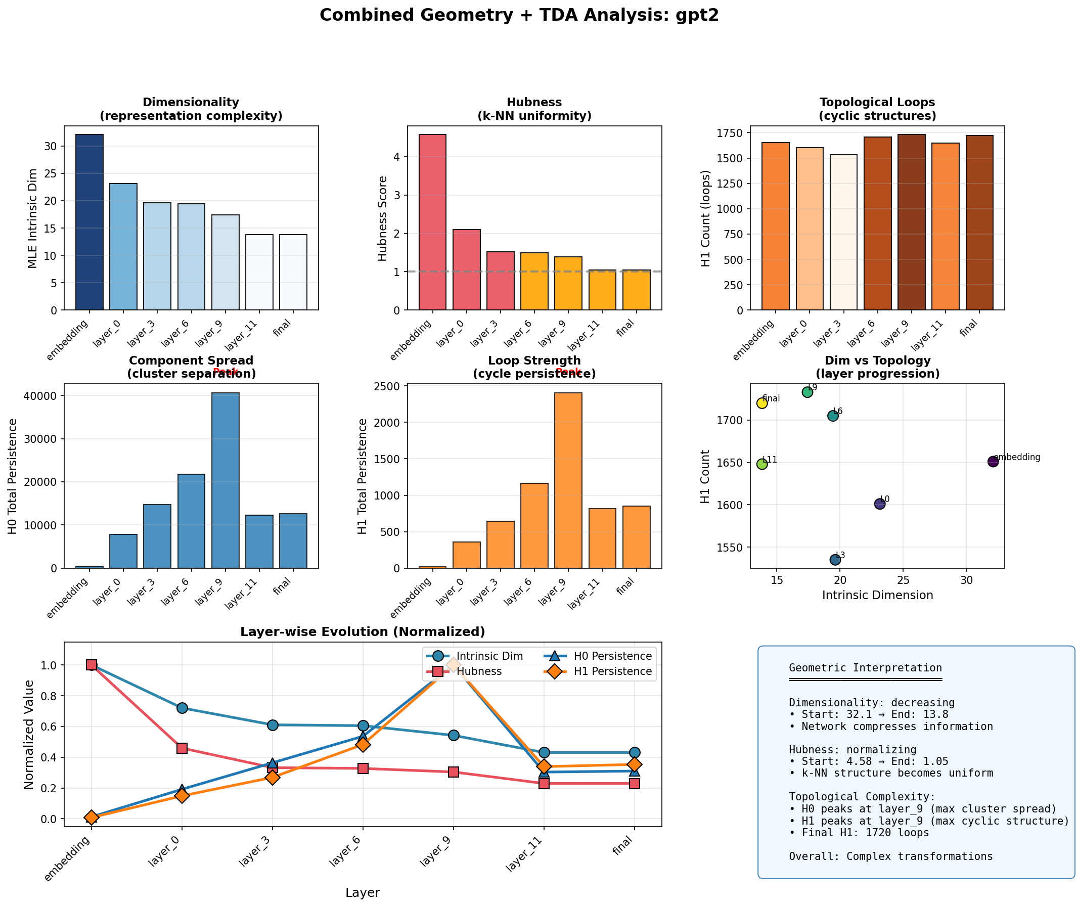 Combined geometry and TDA analysis for GPT-2, showing the interplay between dimensionality compression, hubness normalization, and topological complexity