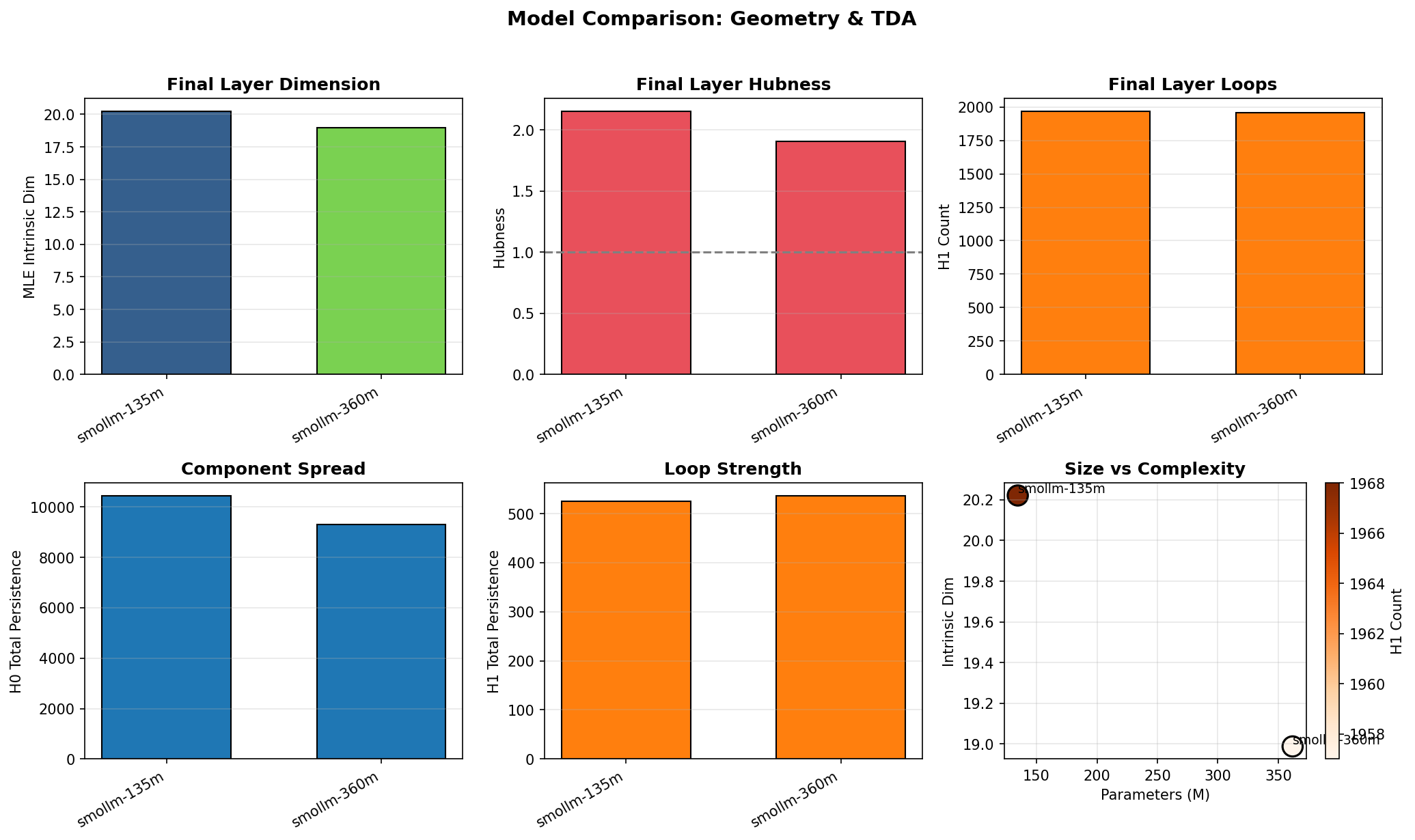Comparison of SmolLM-135M and SmolLM-360M showing similar final-layer metrics despite different trajectories